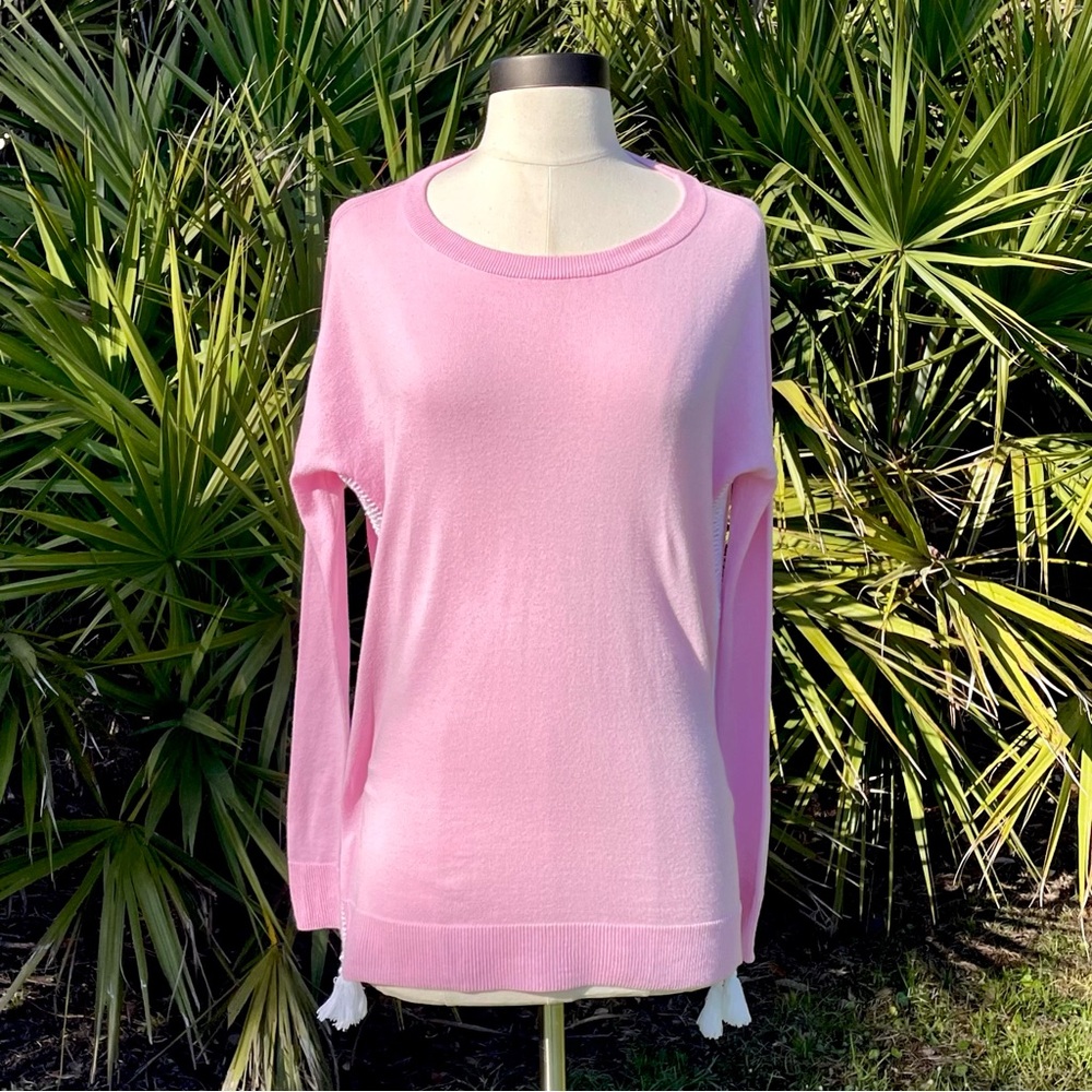 Lilly Pulitzer Pink Coolmax Damara Sweater Size XXS White Crochet Tassels Top